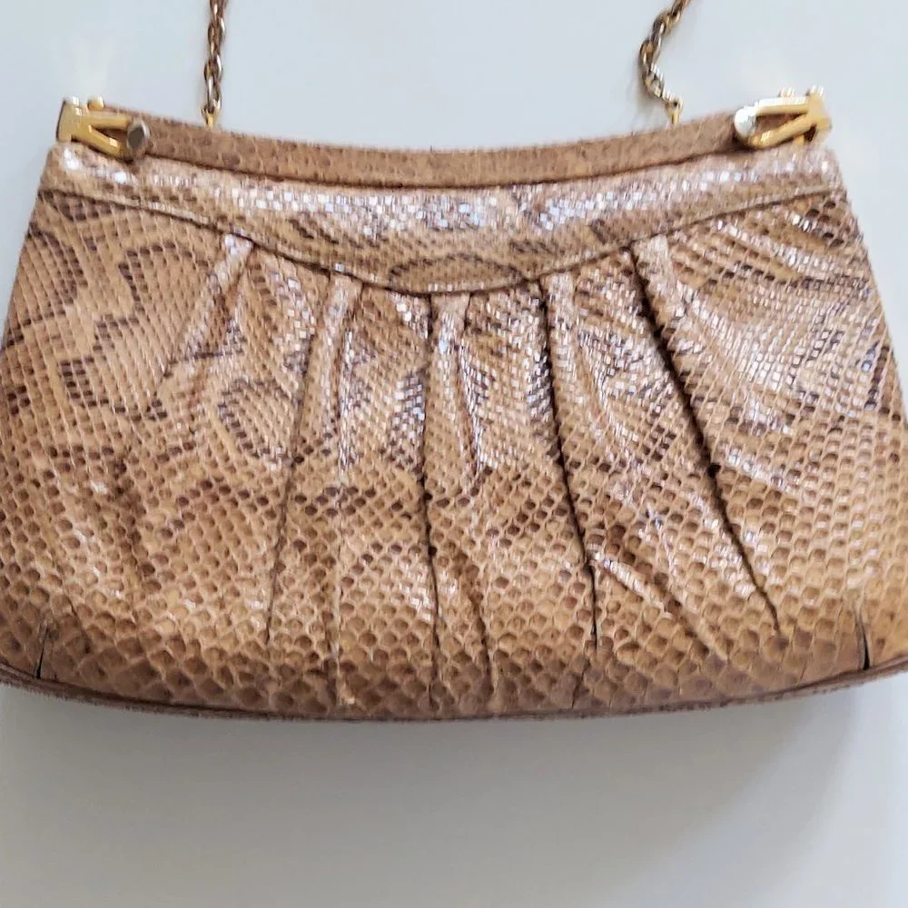 Finesse La Model Brown Snakeskin Clutch Handbag Chain Coin Purse VTG